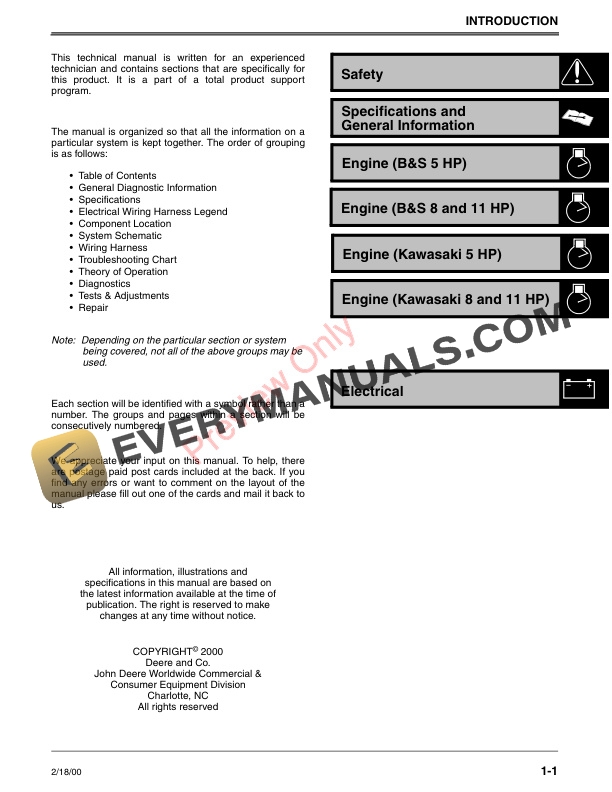John Deere 250G 440G 550GE G2500K G4400K G5500K and G5500KE Portable Generators Technical Manual TM1791 18FEB00 3