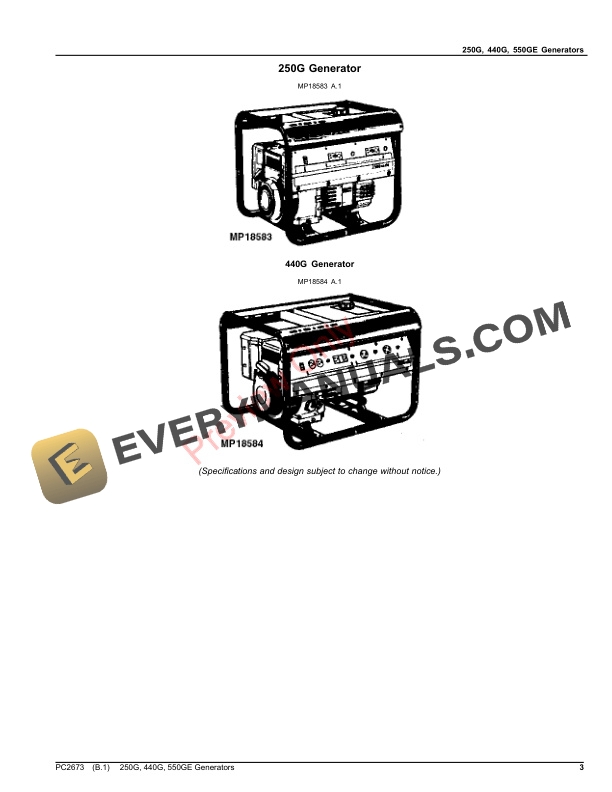 John Deere 250G, 440G, 550GE GENERATORS Parts Catalog PC2673 14SEP23-3