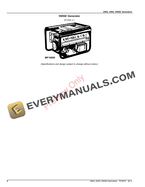 John Deere 250G, 440G, 550GE GENERATORS Parts Catalog PC2673 14SEP23-4