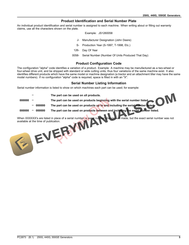 John Deere 250G, 440G, 550GE GENERATORS Parts Catalog PC2673 14SEP23-5