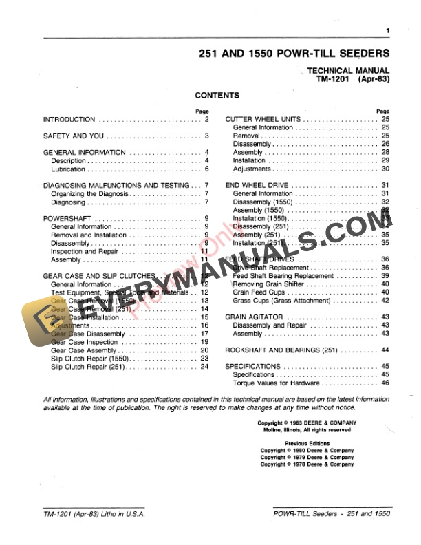 John Deere 251 1550 Powr Till Seeder Technical Manual TM1201 01APR83 3