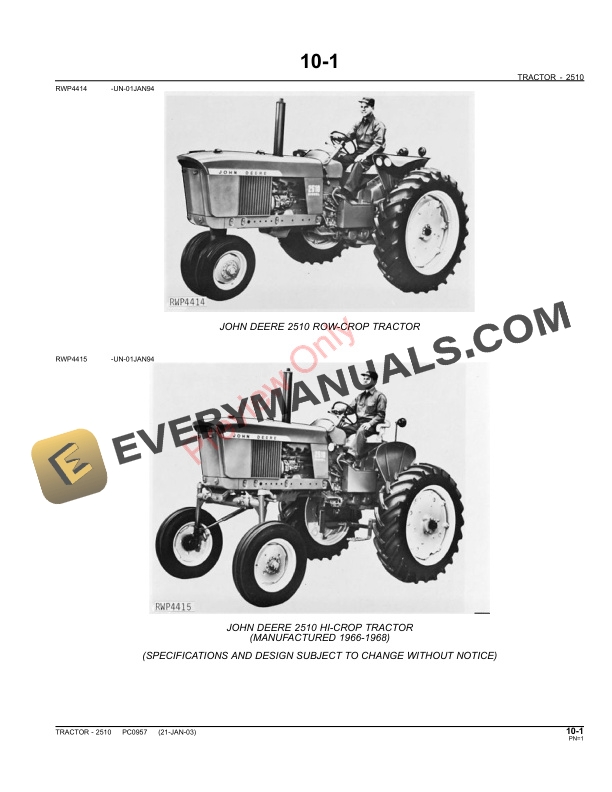 John Deere 2510 Row Crop and Hi Crop Tractor Parts Catalog PC0957 11MAY11 3