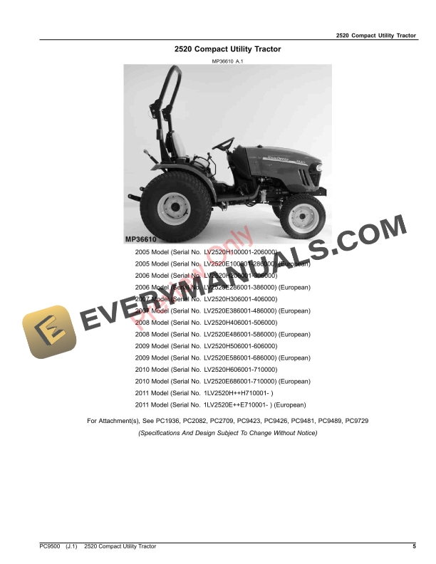 John Deere 2520 Compact Utility Tractor Parts Catalog PC9500 28OCT23-5