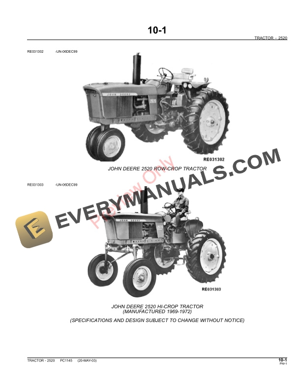 John Deere 2520 Tractor Parts Catalog PC1145 11MAY11 3