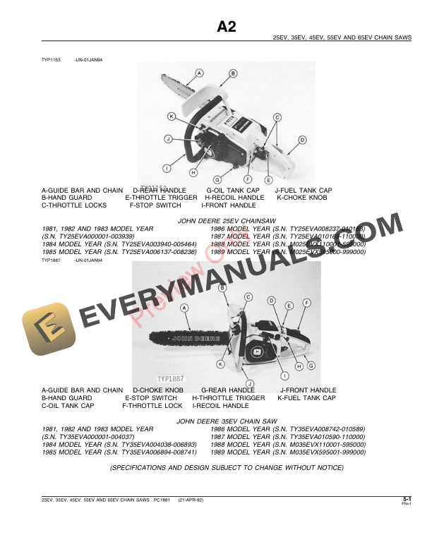 John Deere 25EV, 35EV, 45EV, 55EV AND 65EV Chain Saws Parts Catalog PC1881 21APR92-3
