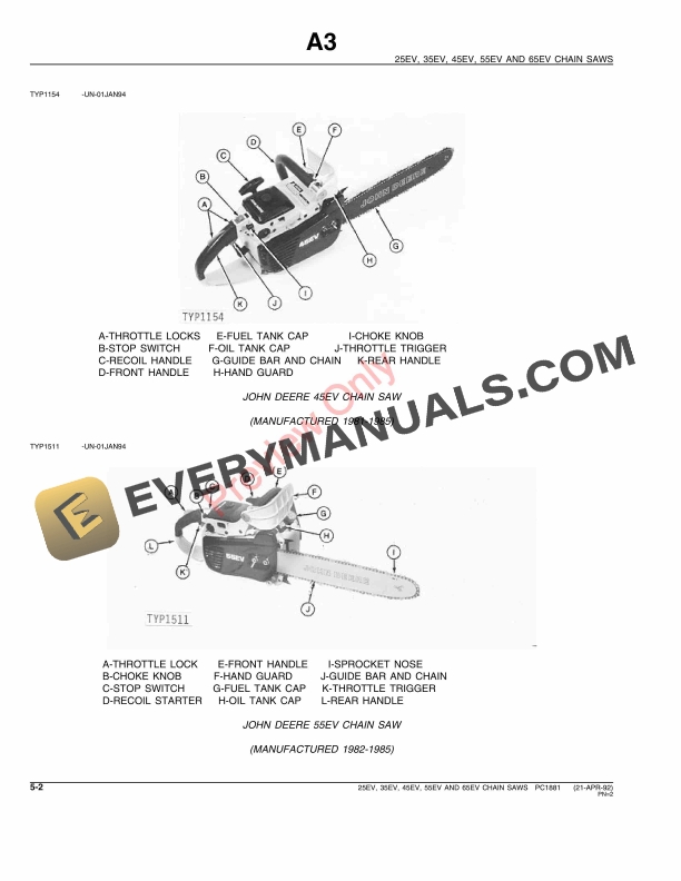 John Deere 25EV, 35EV, 45EV, 55EV AND 65EV Chain Saws Parts Catalog PC1881 21APR92-4
