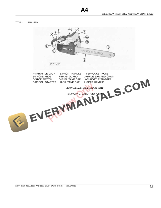 John Deere 25EV, 35EV, 45EV, 55EV AND 65EV Chain Saws Parts Catalog PC1881 21APR92-5