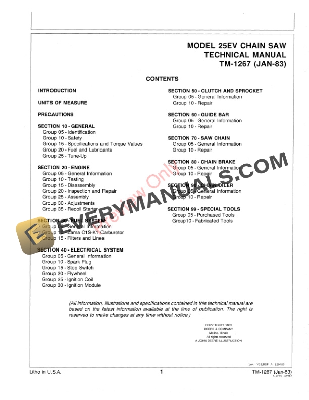 John Deere 25EV Chain Saw Technical Manual TM1267 01FEB83 3