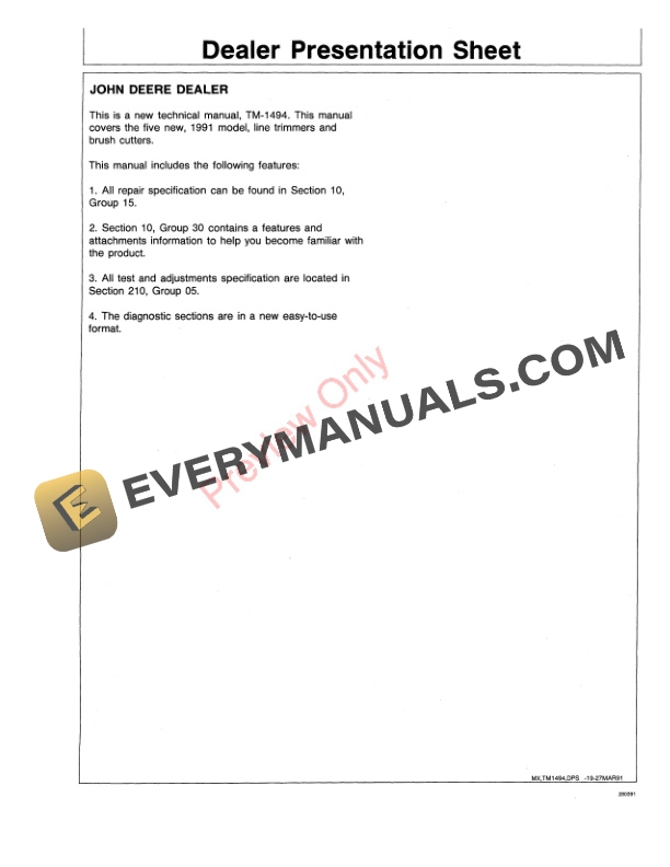 John Deere 25S 30S and 38B CUTTER TRIMMER Technical Manual TM1494 01MAR91 3