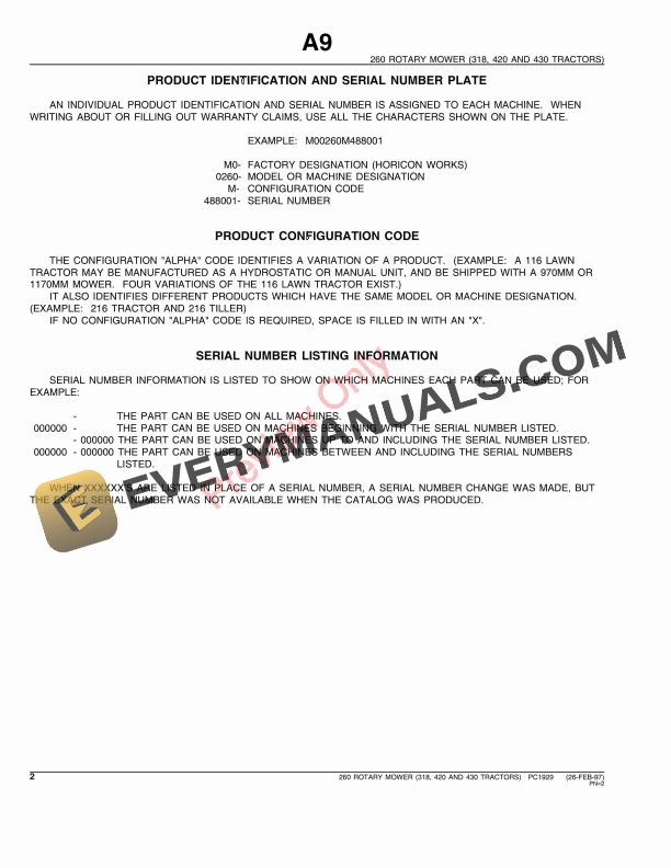 John Deere 260 Rotary Mower Parts Catalog PC1929 26FEB97-4