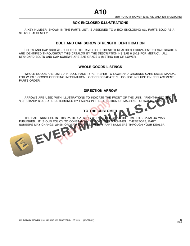 John Deere 260 Rotary Mower Parts Catalog PC1929 26FEB97-5