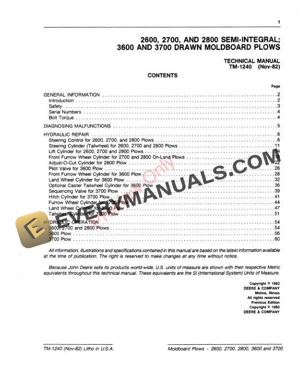 John Deere 2600 2700 and 2800 Semi Integral 3600 and 3700 Moldboard Plows Technical Manual TM1240 01NOV82 3
