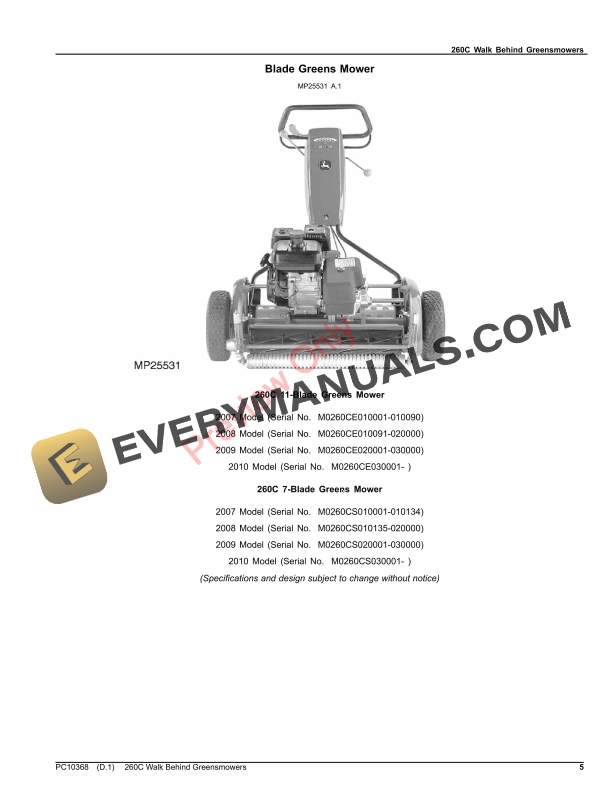 John Deere 260C WALK BEHIND GREENS MOWER Parts Catalog PC10368 18JUL23 5