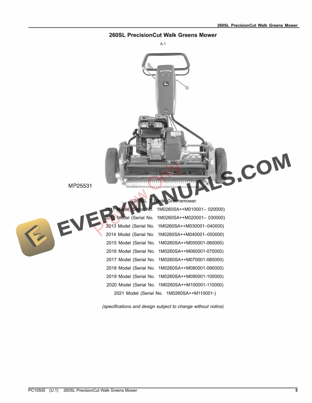 John Deere 260SL PrecisionCut Walk Greens Mower Parts Catalog PC10505 12SEP23 5