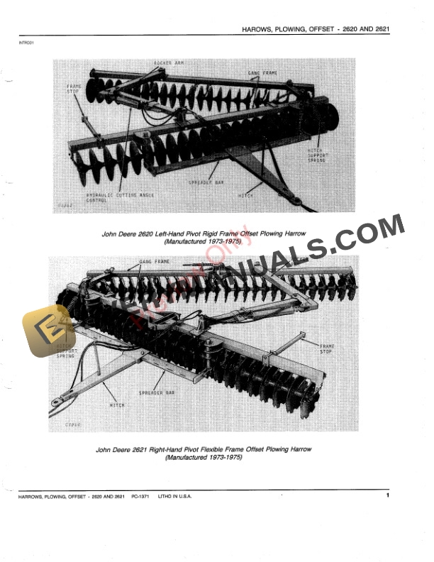 John Deere 2620, 2621 Offset Plowing Harrows Parts Catalog PC1371 07JUL80-3
