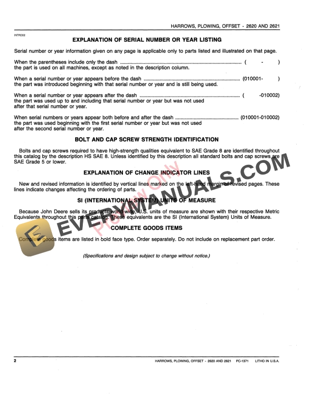John Deere 2620, 2621 Offset Plowing Harrows Parts Catalog PC1371 07JUL80-4