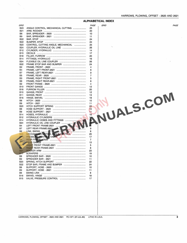 John Deere 2620, 2621 Offset Plowing Harrows Parts Catalog PC1371 07JUL80-5