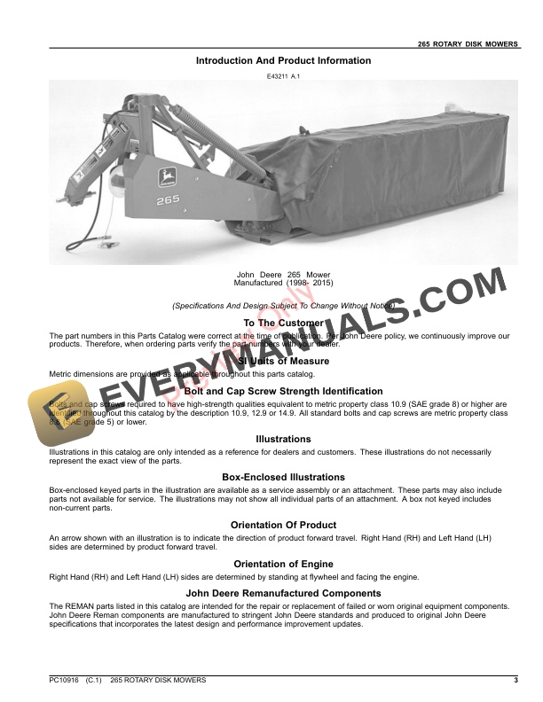 John Deere 265 ROTARY DISK MOWERS Parts Catalog PC10916 20SEP21 4 John Deere 265 ROTARY DISK MOWERS Parts Catalog PC10916 20SEP21 3