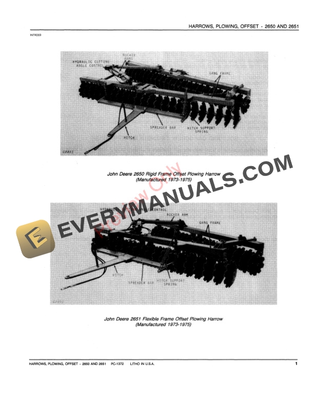 John Deere 2650, 2651 Offset Plowing Harrows Parts Catalog PC1372 07JUL80-3