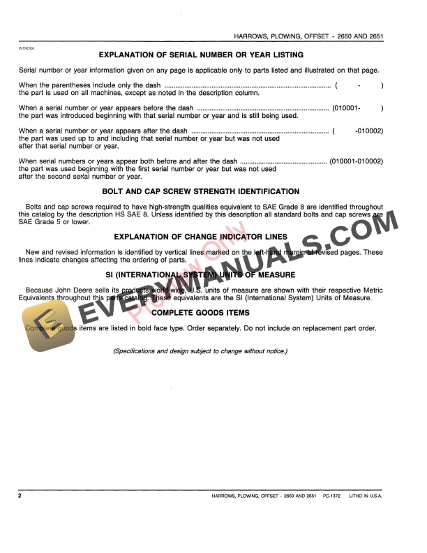 John Deere 2650, 2651 Offset Plowing Harrows Parts Catalog PC1372 07JUL80-4