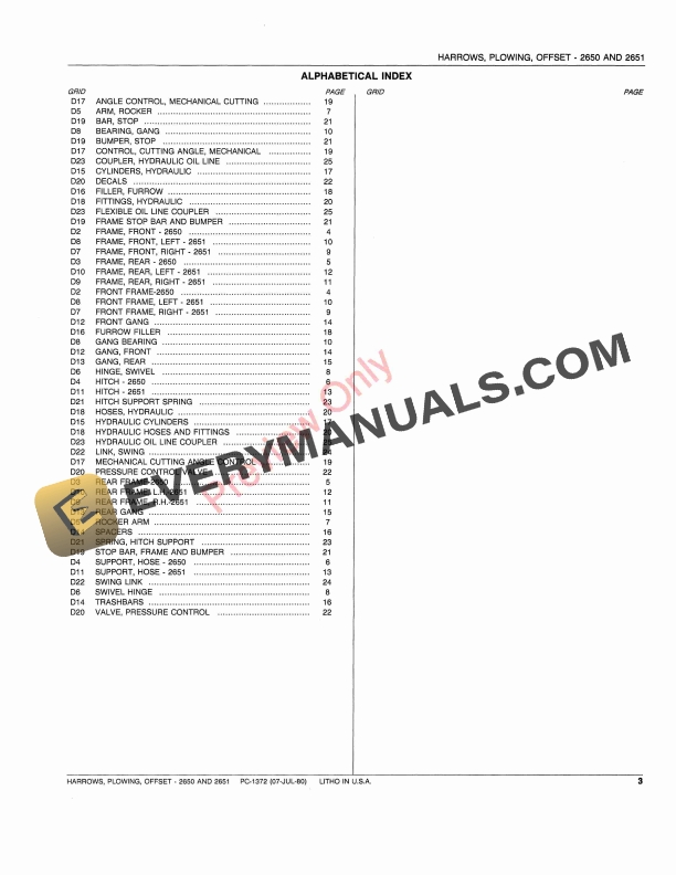 John Deere 2650, 2651 Offset Plowing Harrows Parts Catalog PC1372 07JUL80-5