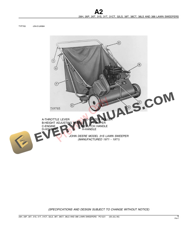 John Deere 26H, 26P, 26T, 31S, 31T, 38T, 32LS, 38LS, 31CT, 38CT, 388 Lawn Sweepers Parts Catalog PC1221 05JUL95-3
