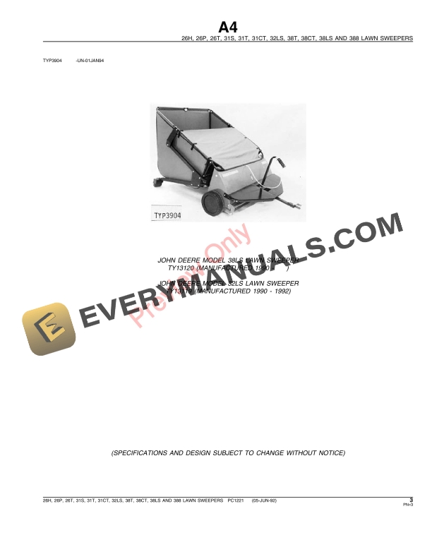 John Deere 26H, 26P, 26T, 31S, 31T, 38T, 32LS, 38LS, 31CT, 38CT, 388 Lawn Sweepers Parts Catalog PC1221 05JUL95-5