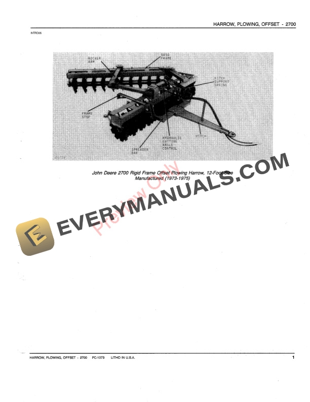 John Deere 2700 Offset Plowing Harrow Parts Catalog PC1373 07JUL80-3