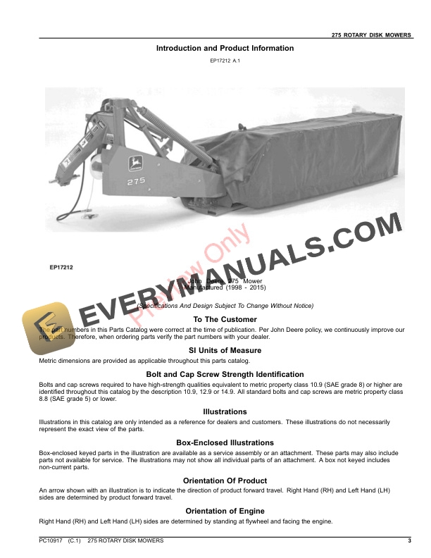 John Deere 275 ROTARY DISK MOWERS Parts Catalog PC10917 12JUL22 3