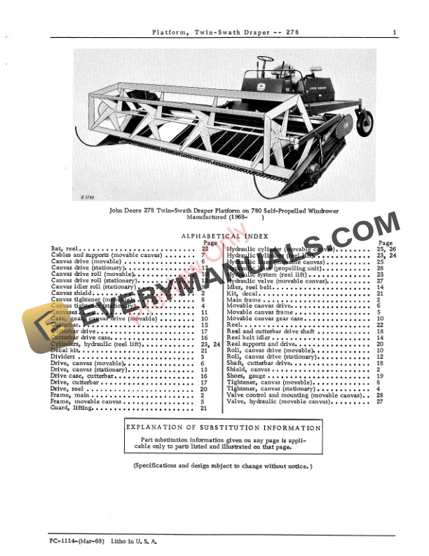 John Deere 278 Twin Swath Draper Platform Parts Catalog PC1114 01MAR68 3