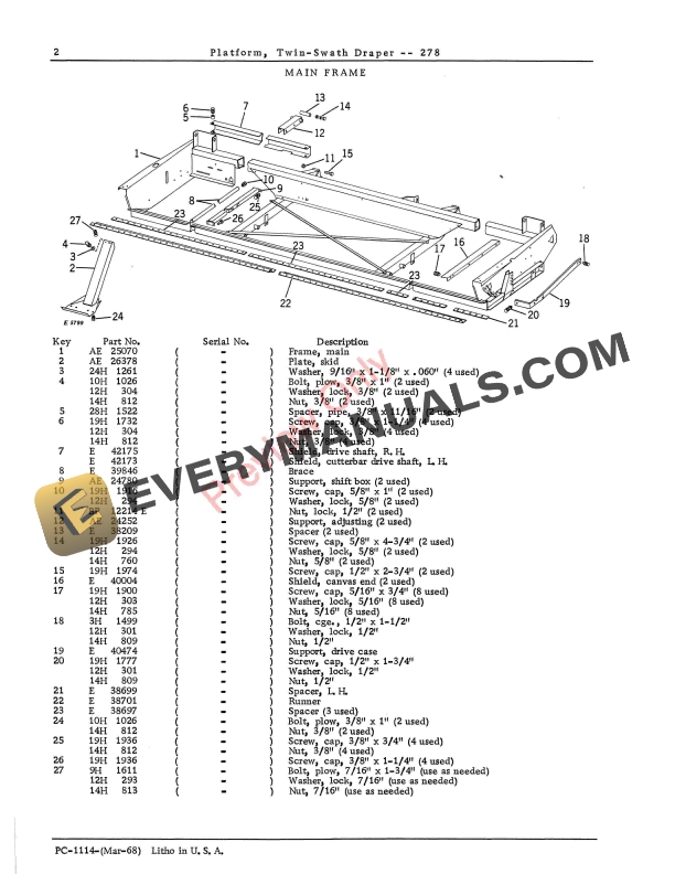John Deere 278 Twin Swath Draper Platform Parts Catalog PC1114 01MAR68 4