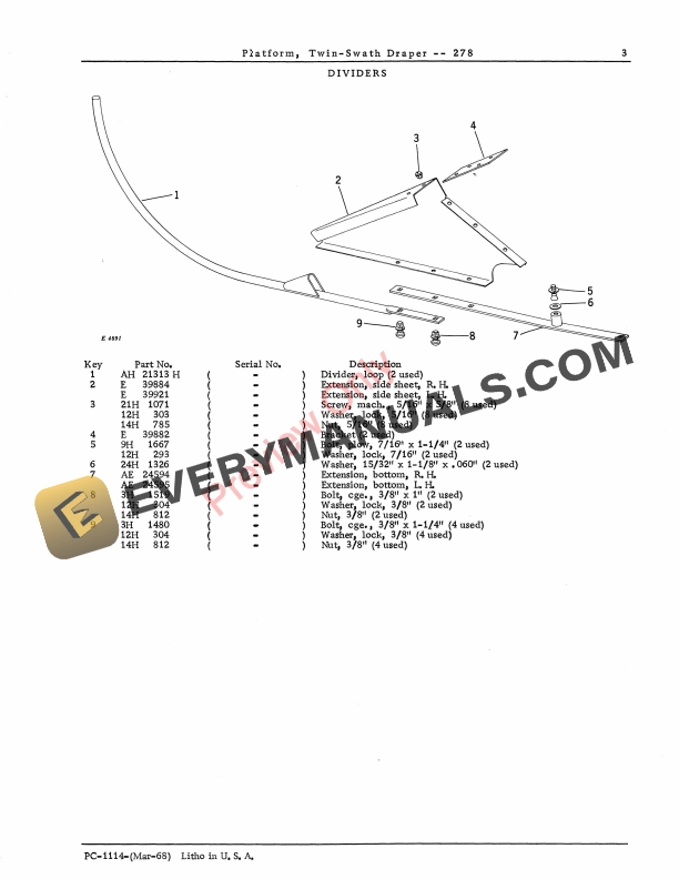 John Deere 278 Twin Swath Draper Platform Parts Catalog PC1114 01MAR68 5