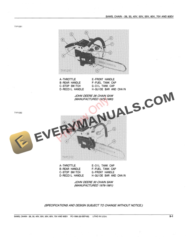 John Deere 28, 30, 40V, 50V, 55V, 60V, 70V, 80EV Chain Saws Parts Catalog PC1598 27MAR85 4 John Deere 28, 30, 40V, 50V, 55V, 60V, 70V, 80EV Chain Saws Parts Catalog PC1598 27MAR85-3