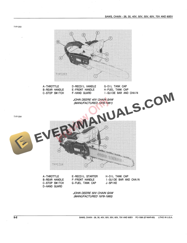 John Deere 28, 30, 40V, 50V, 55V, 60V, 70V, 80EV Chain Saws Parts Catalog PC1598 27MAR85 5 John Deere 28, 30, 40V, 50V, 55V, 60V, 70V, 80EV Chain Saws Parts Catalog PC1598 27MAR85-4
