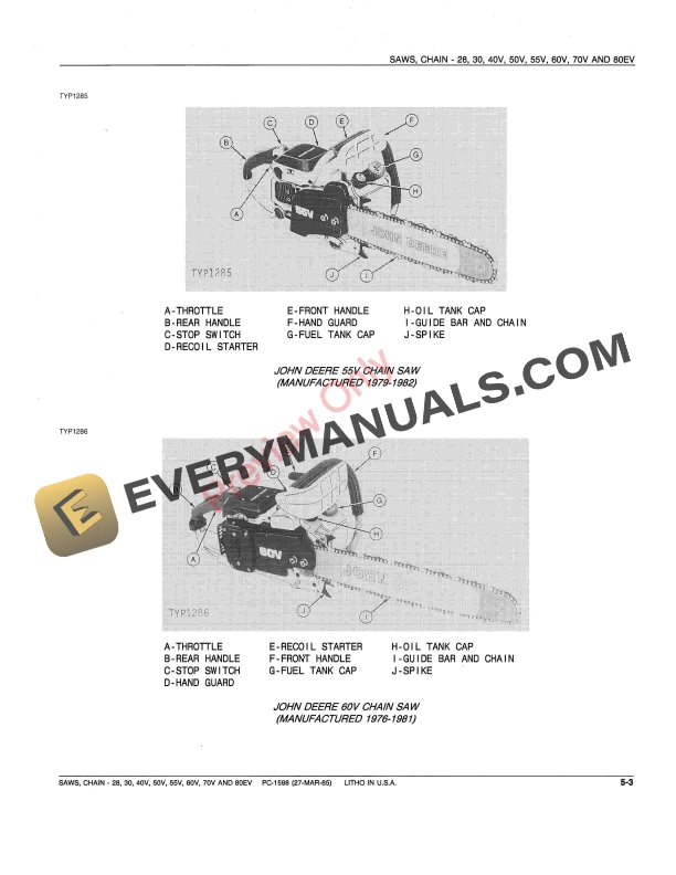 John Deere 28, 30, 40V, 50V, 55V, 60V, 70V, 80EV Chain Saws Parts Catalog PC1598 27MAR85 6 John Deere 28, 30, 40V, 50V, 55V, 60V, 70V, 80EV Chain Saws Parts Catalog PC1598 27MAR85-5