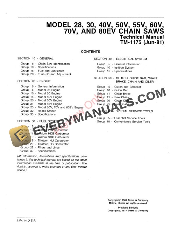 John Deere 28 30 40V 50V 55V 60V 70V and 80EV Chain Saws Technical Manual TM1175 01JUN81 3