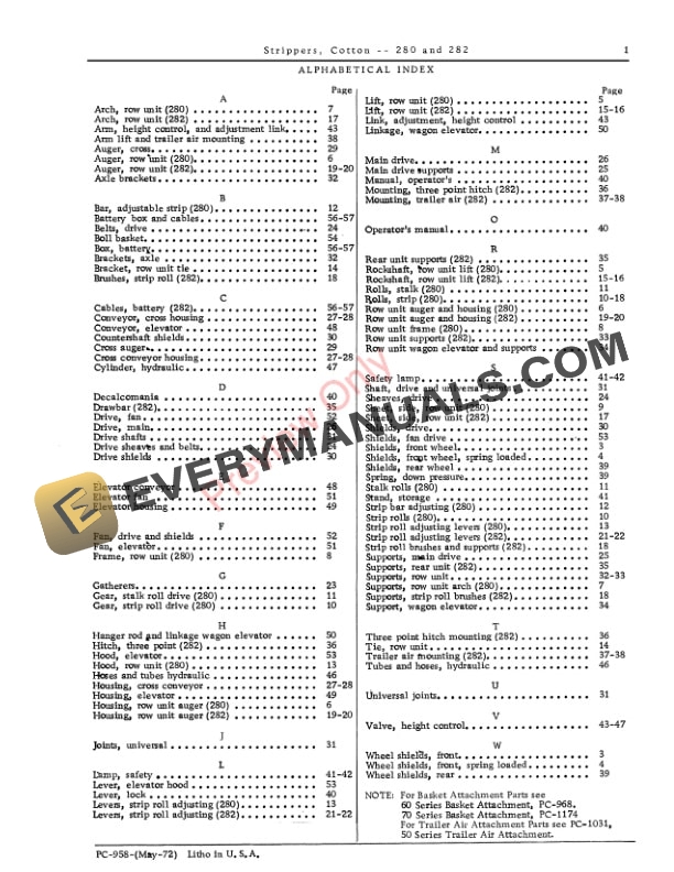 John Deere 280, 282 Cotton Stripper Parts Catalog PC958 01SEP72-3