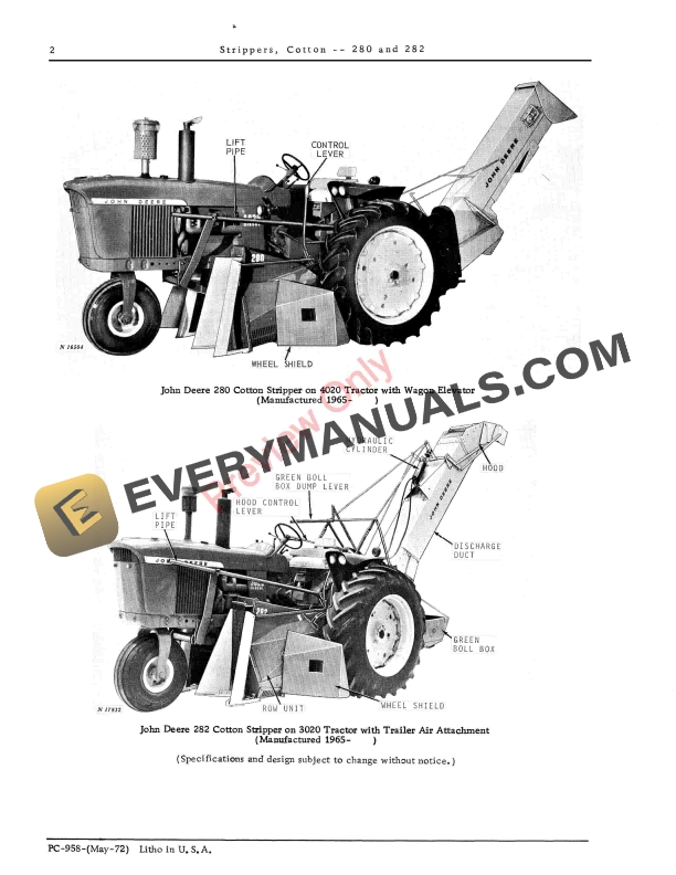 John Deere 280, 282 Cotton Stripper Parts Catalog PC958 01SEP72-4