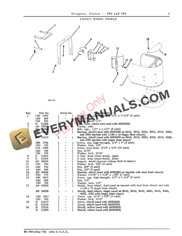John Deere 280, 282 Cotton Stripper Parts Catalog PC958 01SEP72-5
