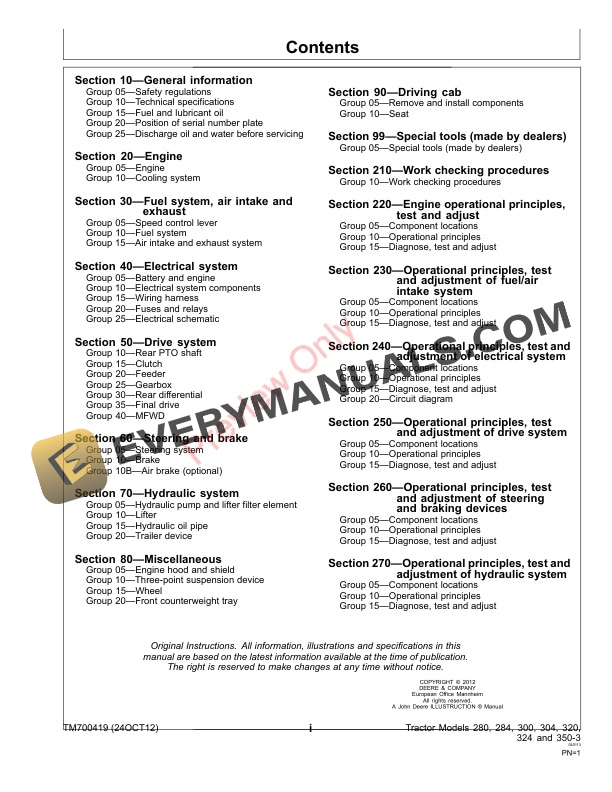 John Deere 280 284 300 304 320 324 and B350 Tractors Technical Manual TM700419 24OCT12 3