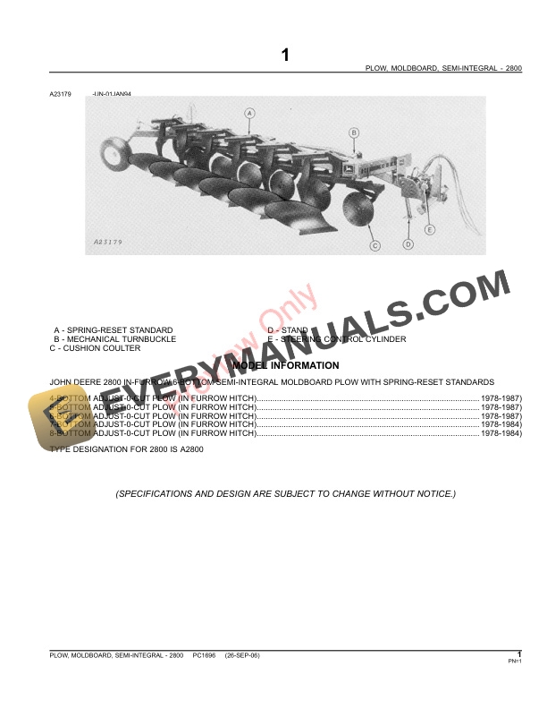 John Deere 2800 Semi-Integral Moldboard Plow Parts Catalog PC1696 31MAY11-3