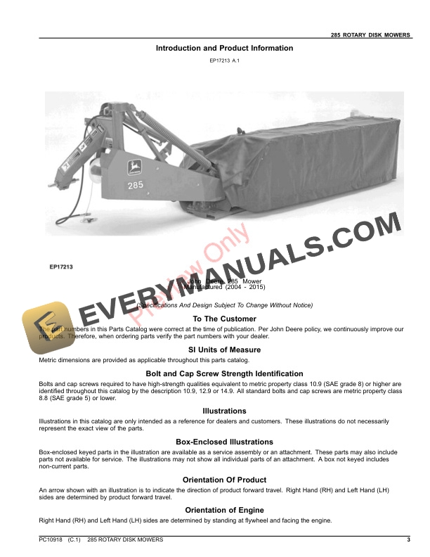 John Deere 285 ROTARY DISK MOWERS Parts Catalog PC10918 20SEP21 3