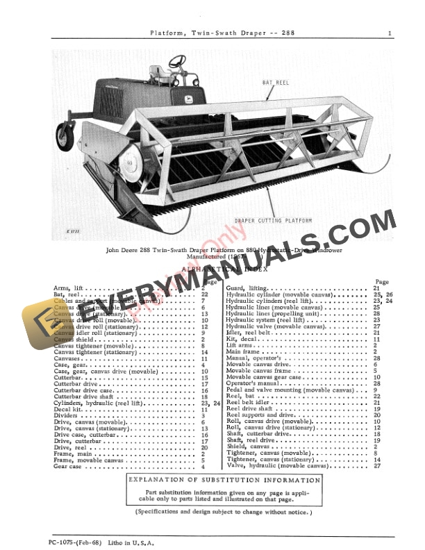 John Deere 288 Twin Swath Draper Platform Parts Catalog PC1075 02FEB68 3
