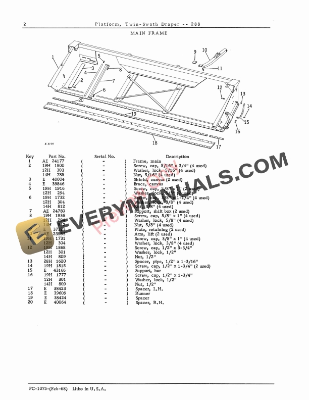 John Deere 288 Twin Swath Draper Platform Parts Catalog PC1075 02FEB68 4