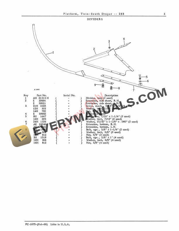 John Deere 288 Twin Swath Draper Platform Parts Catalog PC1075 02FEB68 5