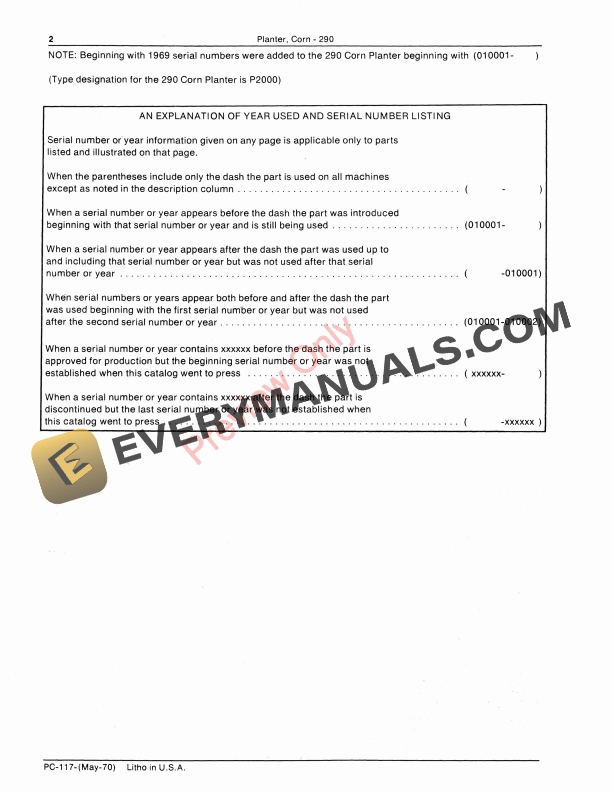 John Deere 290 Corn Planter Parts Catalog PC117 01MAY70 4