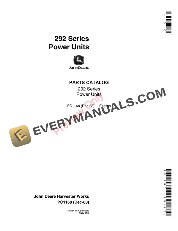 John Deere 292 Series Power Units Parts Catalog PC1168 13DEC83-1