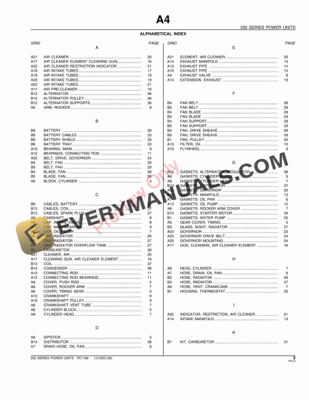 John Deere 292 Series Power Units Parts Catalog PC1168 13DEC83 5