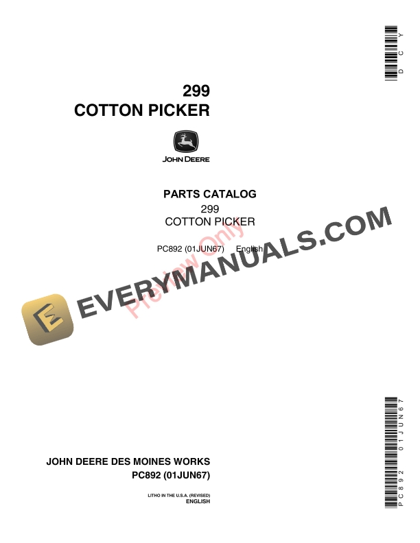 John Deere 299 Cotton Picker Parts Catalog PC892 01JUN67-1
