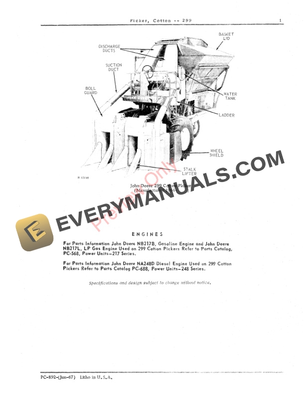 John Deere 299 Cotton Picker Parts Catalog PC892 01JUN67-3